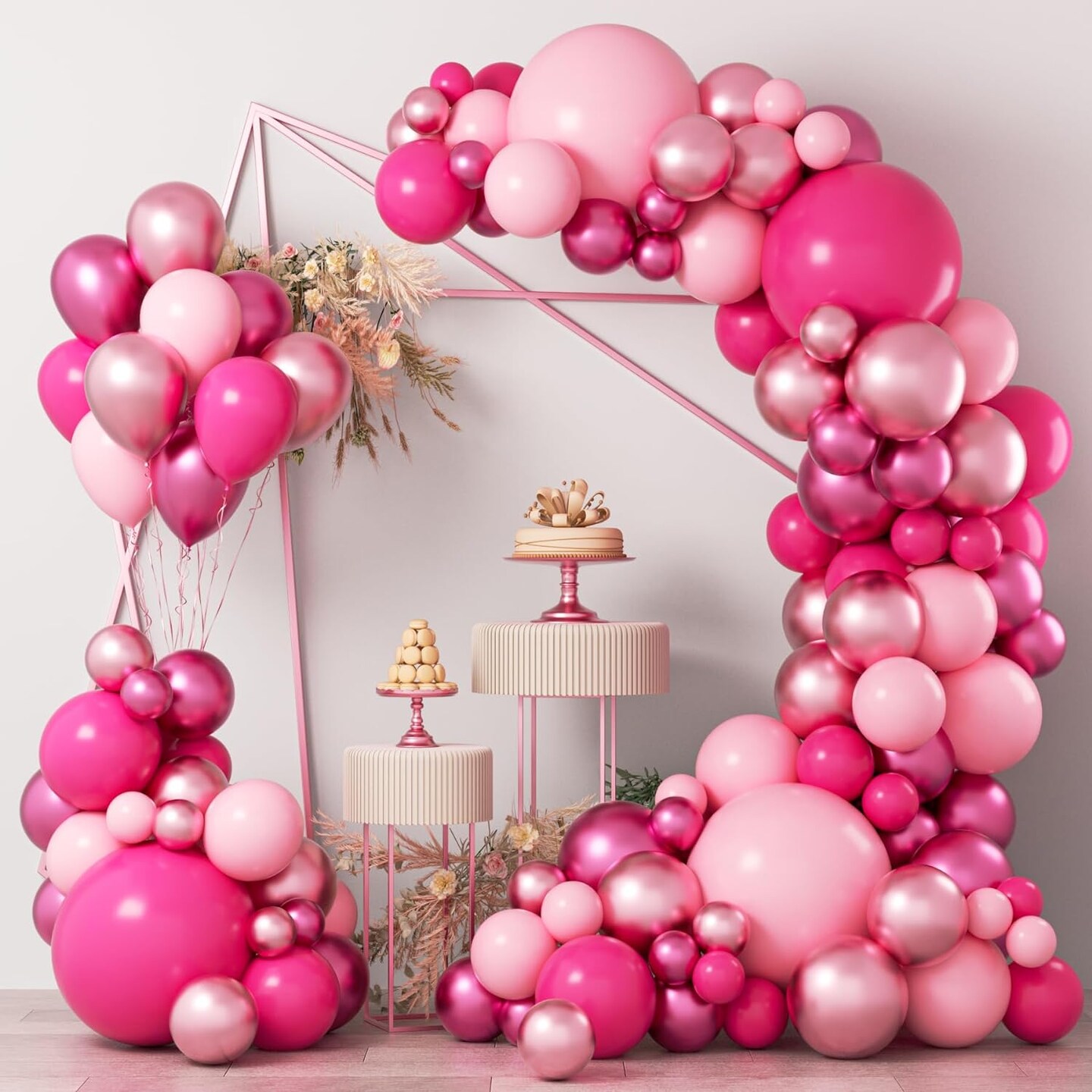 Pink Balloons Garlands Arch Kit, 124pcs Hot Pink Pastel Pink Metallic Magenta Latex Balloons for Wedding Engagement Princess Theme Birthday Bridal Shower Baby Shower Party Decorations