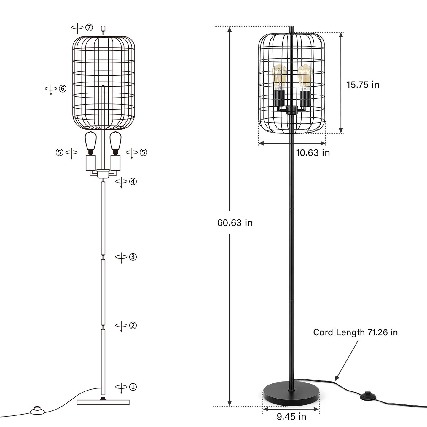 3-Light Floor Lamp, Industrial Cage Design