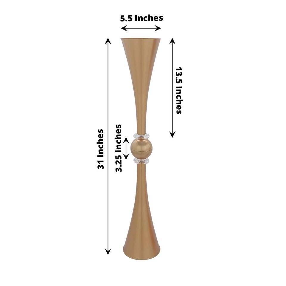 2 Metallic 31" Gold Plastic Reversible Trumpet Flower VASES Crystals