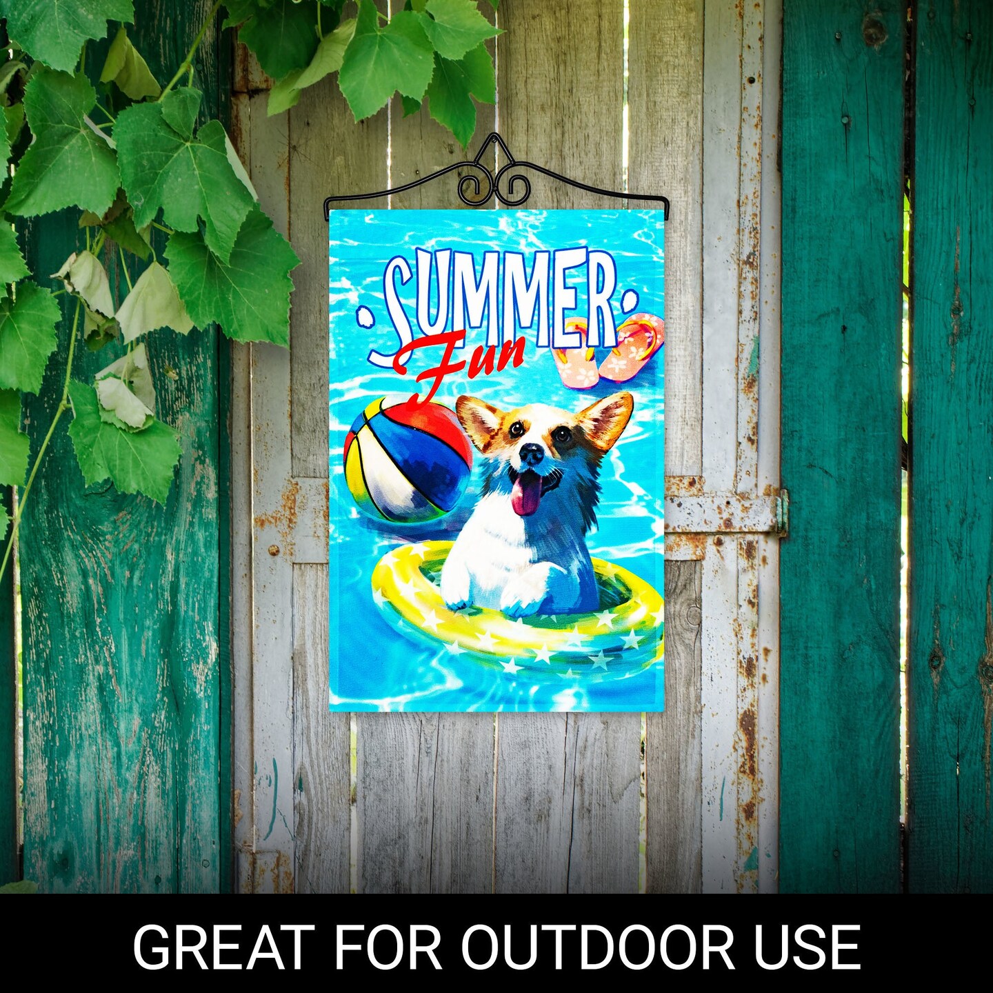 G128 Combo Pack Garden Flag Hanger 14IN & Garden Flag Summer Fun with Dog in Pool 12x18IN Printed 150D Polyester