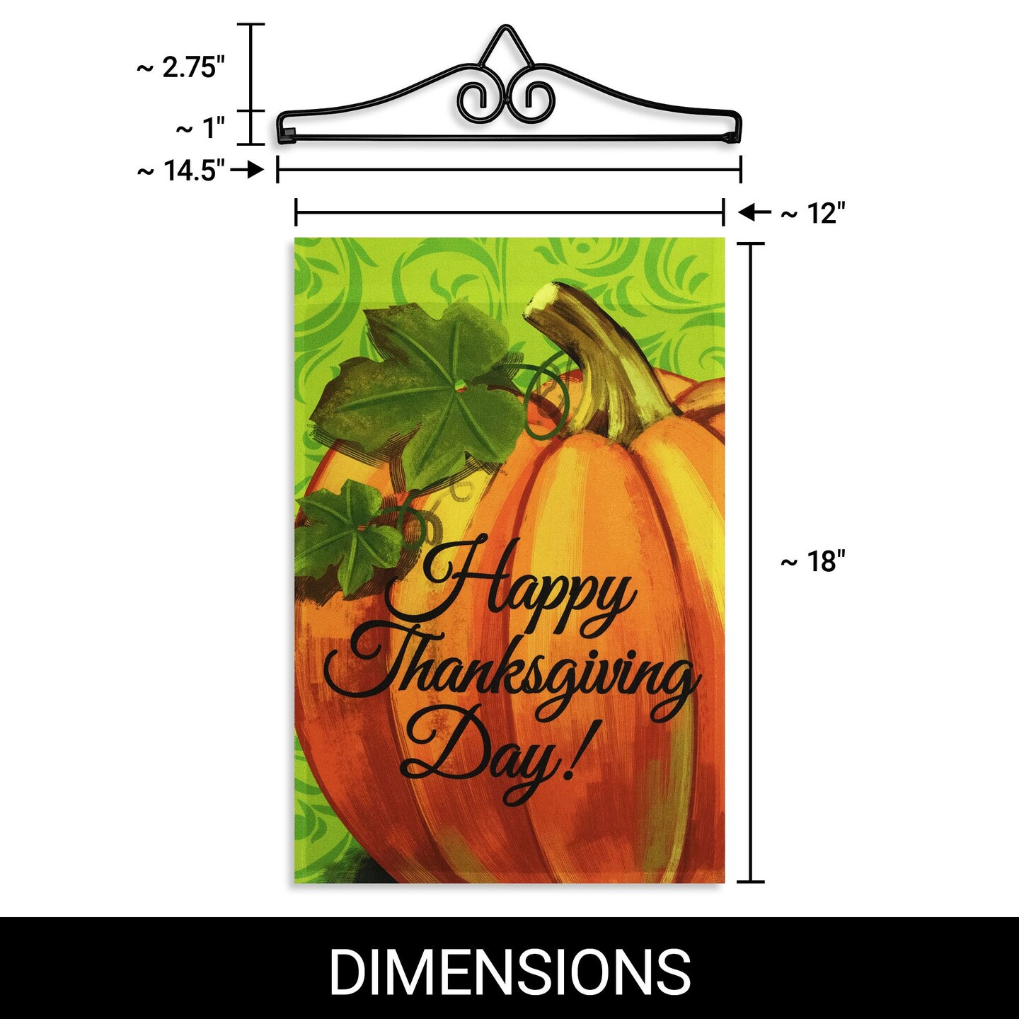 G128 Combo Pack Garden Flag Hanger 14IN &#x26; Garden Flag Happy Thanksgiving Pumpkin Green BG 12x18IN Printed 150D Polyester