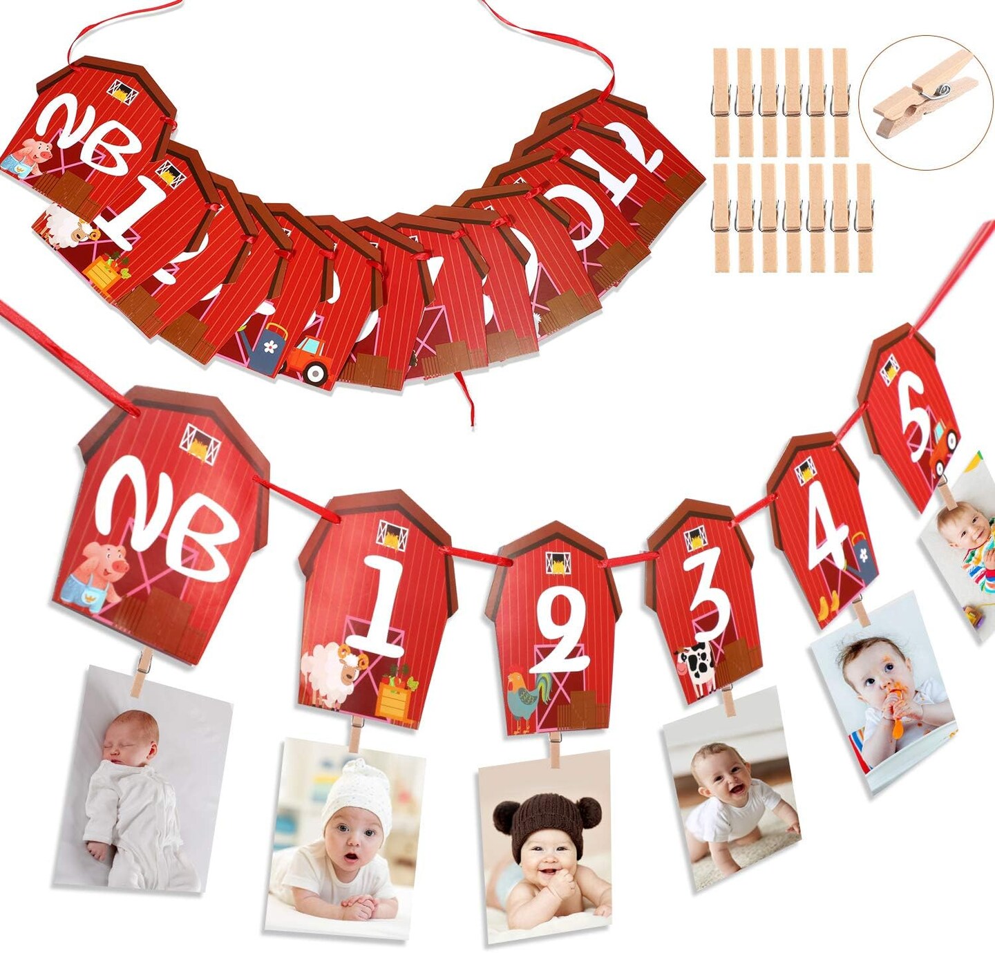 Farm Animal Theme Photo Banner 1st Birthday Monthly Banner Newborn to 12 Month Photo Display Milestone Photograph for Barnyard First Birthday Party Decorations Supplies