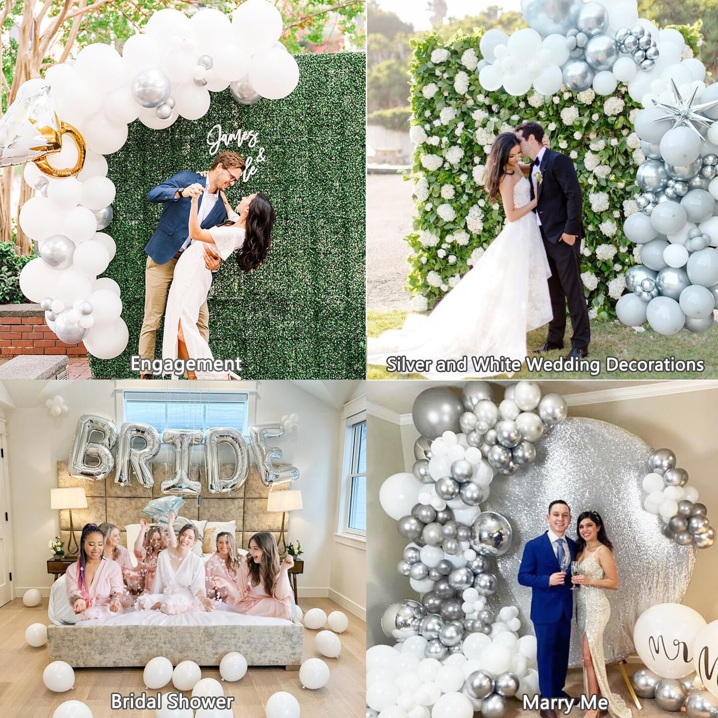 White Silver Balloon Garland Arch Kit,145pcs Grey Silver White Clear Balloons for Engagement Wedding Birthday 2024 Graduation Baby Shower Anniversary Party Decorations