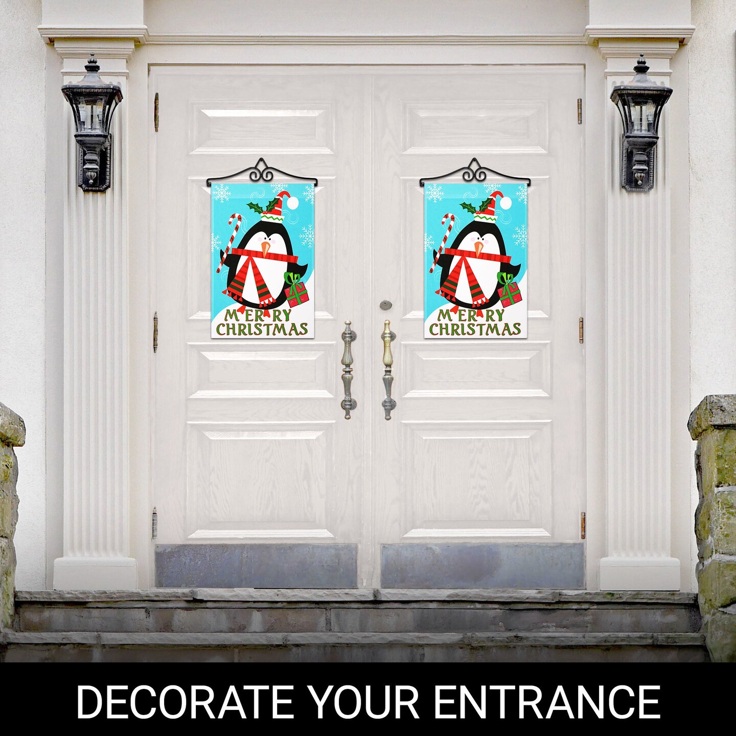 G128 Combo Pack Garden Flag Hanger 14IN & Garden Flag Merry Christmas Penguin with Candy Cane 12x18IN Printed 150D Polyester
