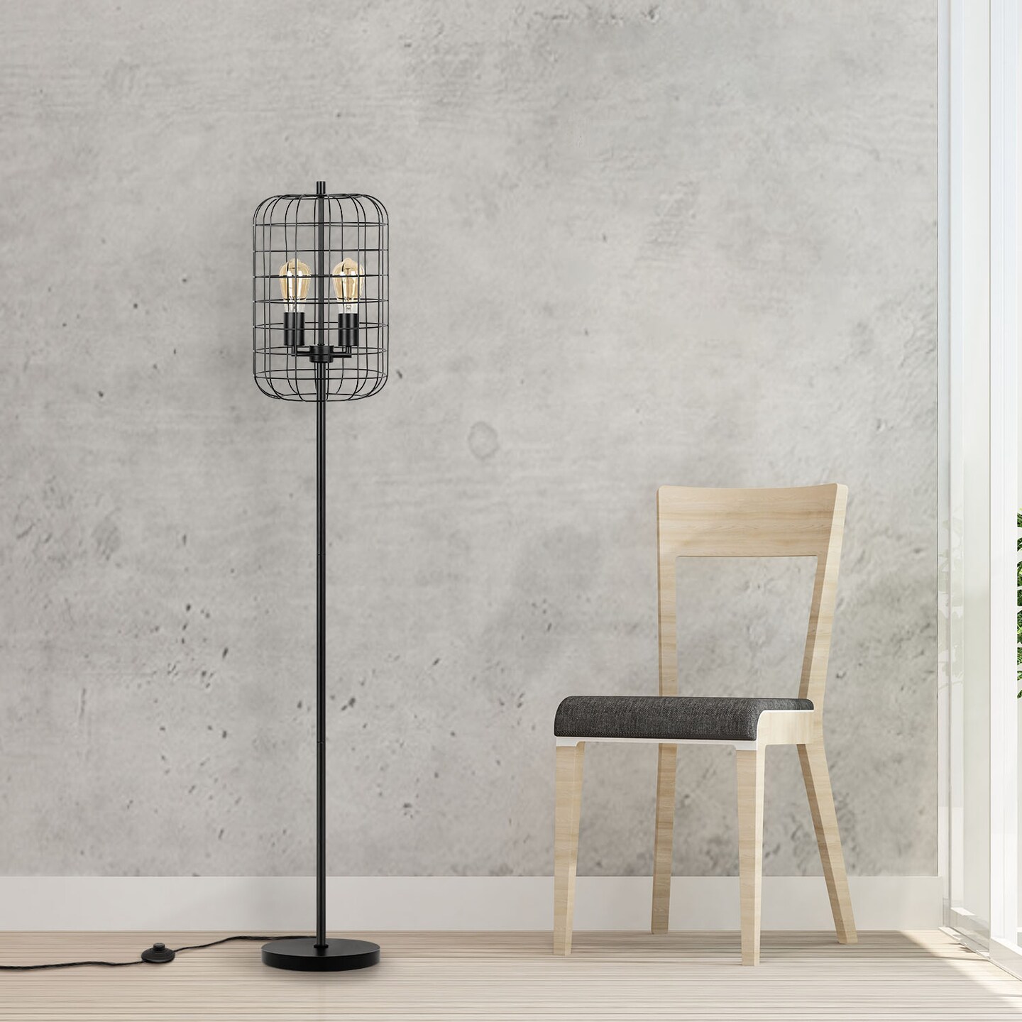 3-Light Floor Lamp, Industrial Cage Design