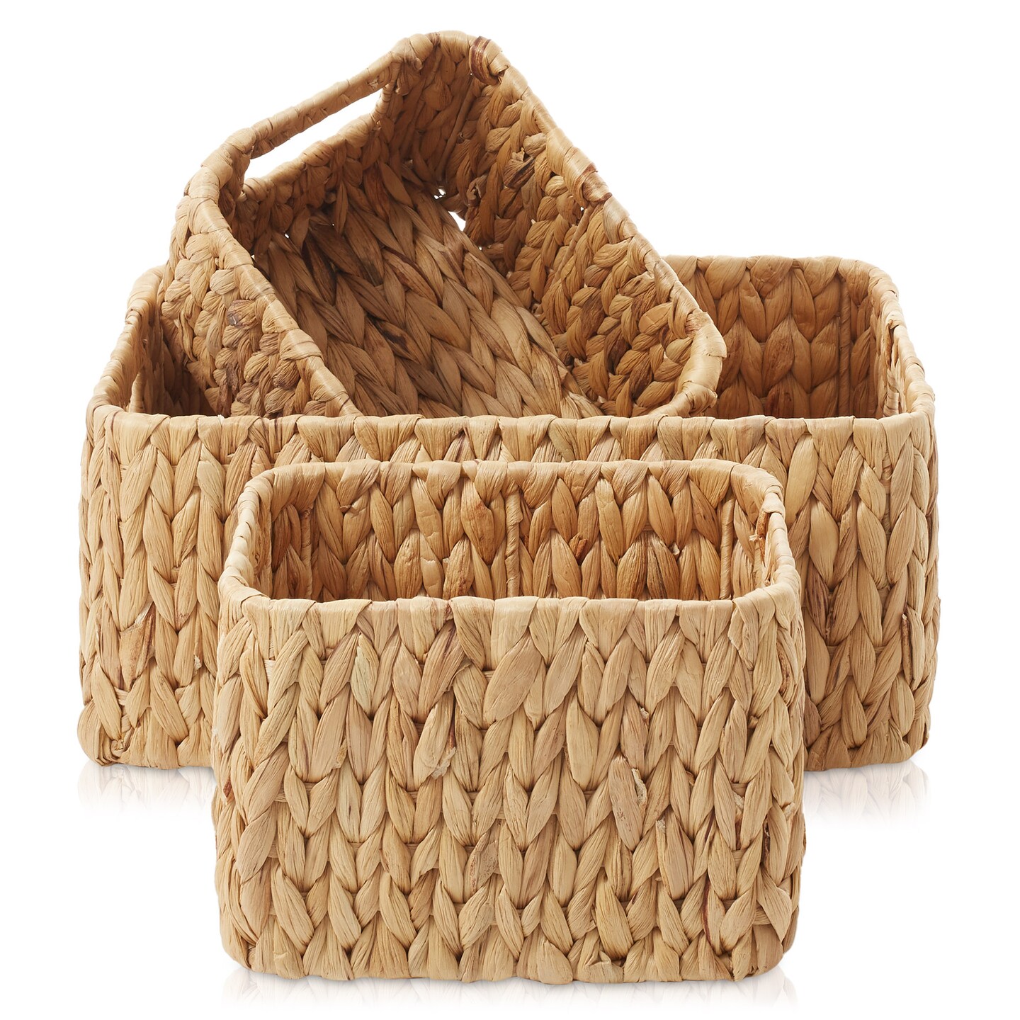 Casafield Set of 3 Water Hyacinth Storage Baskets for Shelves - Woven Organizers with Handles for Bathroom, Laundry, Pantry, Office