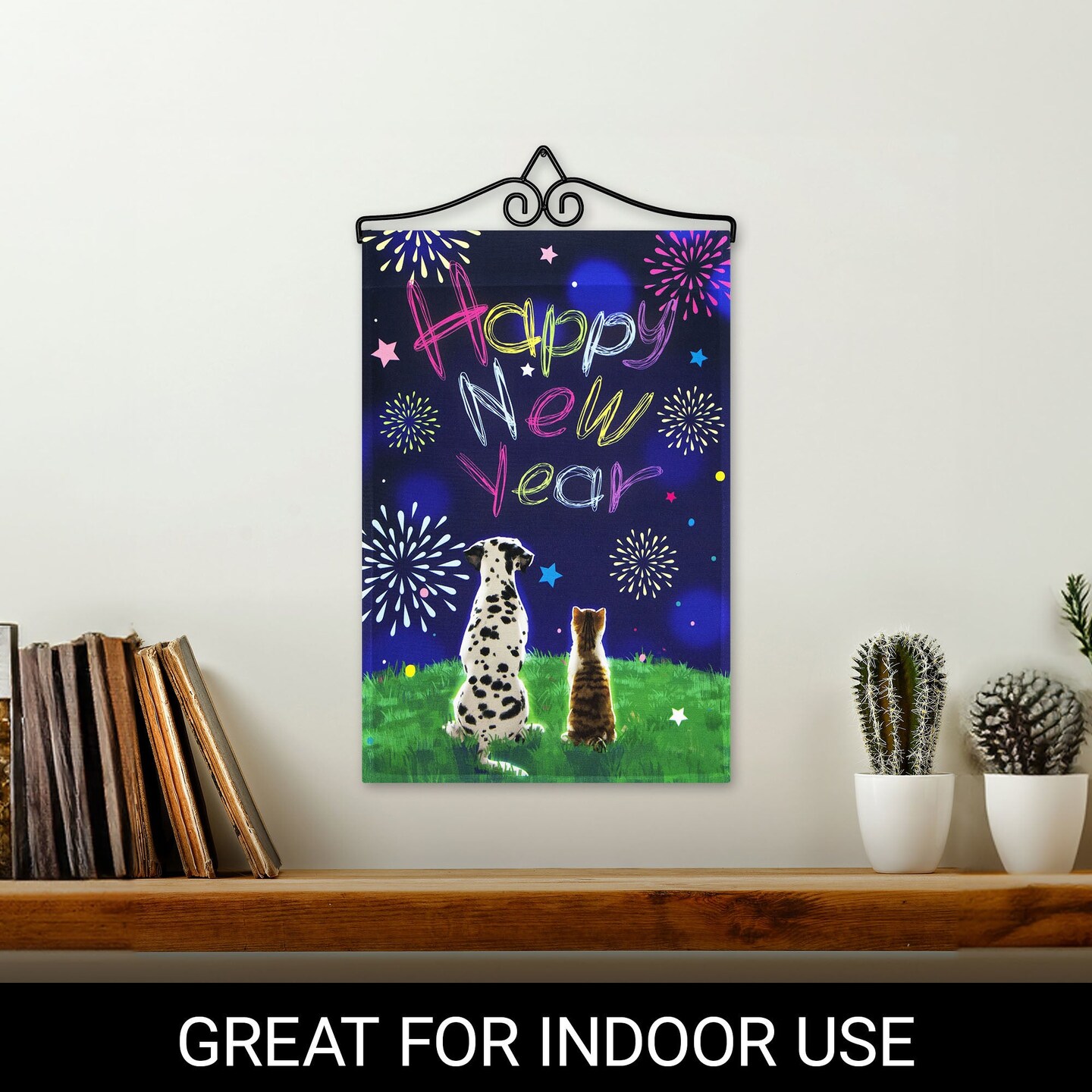 G128 Combo Pack Garden Flag Hanger 14IN & Garden Flag Happy New Year Dog and Cat 12x18IN Printed 150D Polyester