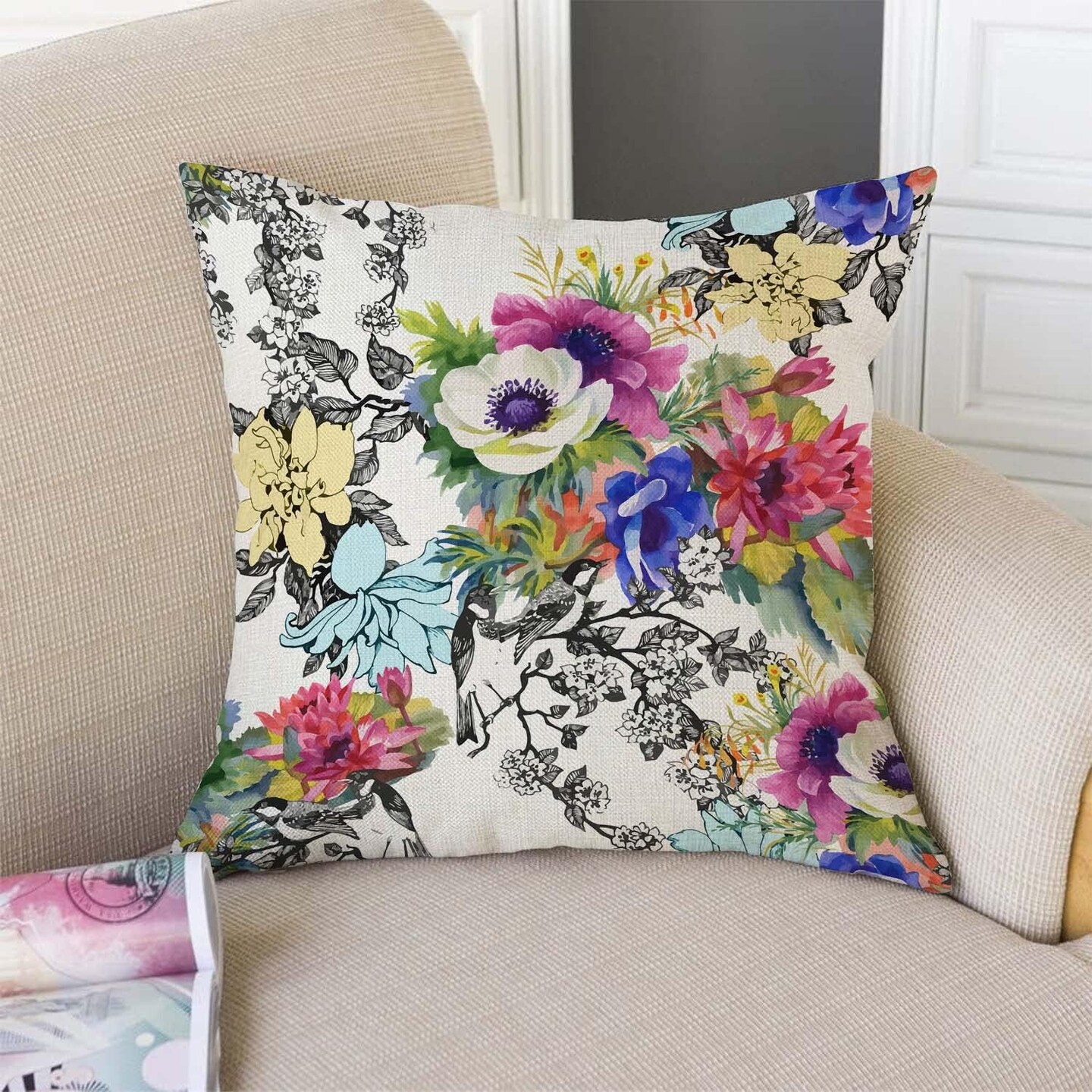 18x18" Bring Nature Indoors: Colorful Garden Print Throw Pillow Cover