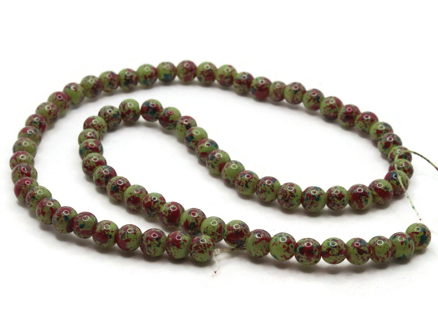 75 6mm Green and Red Splatter Paint Smooth Round Glass Beads