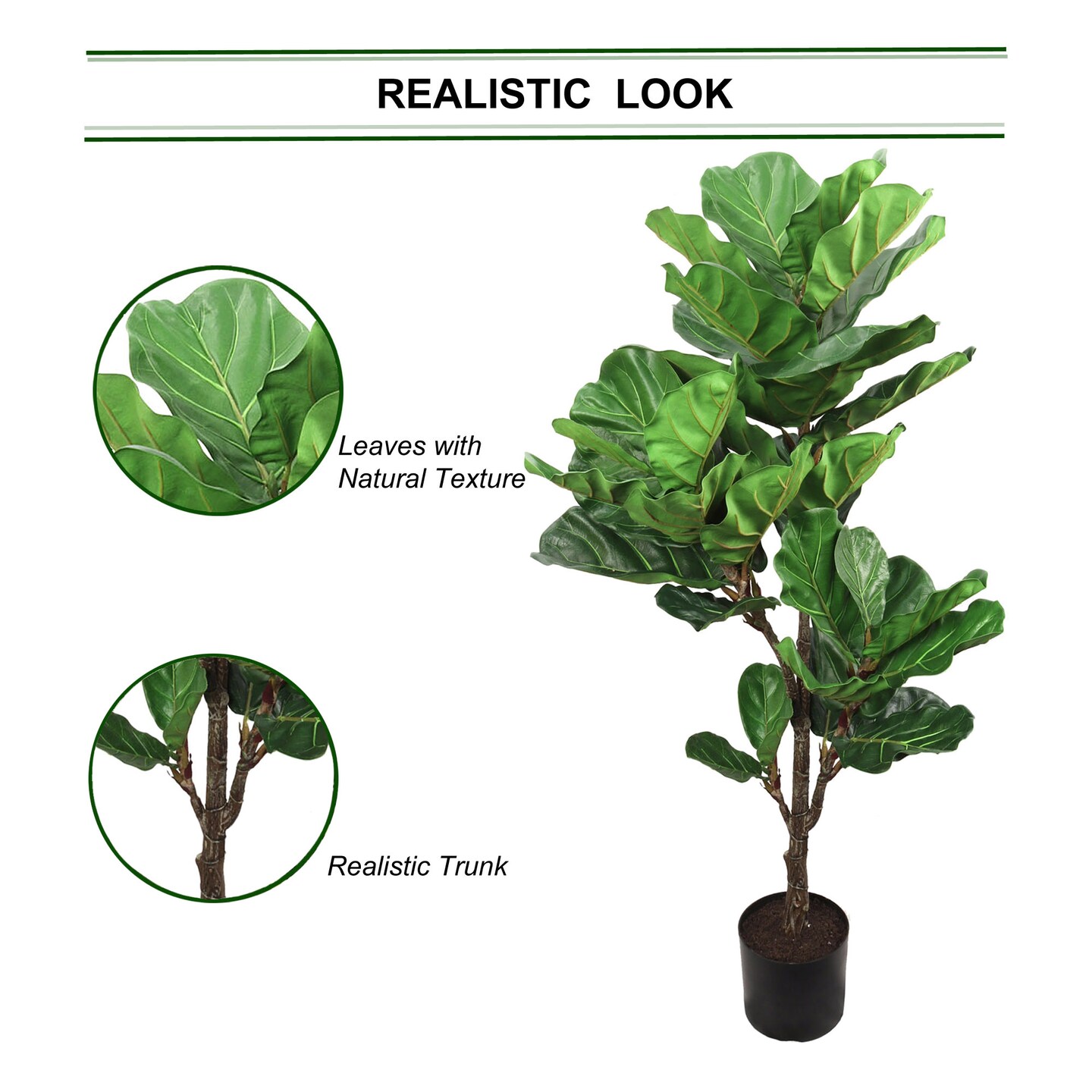 56" Fiddle Leaf Tree - Realistic Lush Leaves in Black Pot, Indoor Decor for Home, Office & Living Spaces - Year-Round Greenery, Floral Home by Artificial Flowers