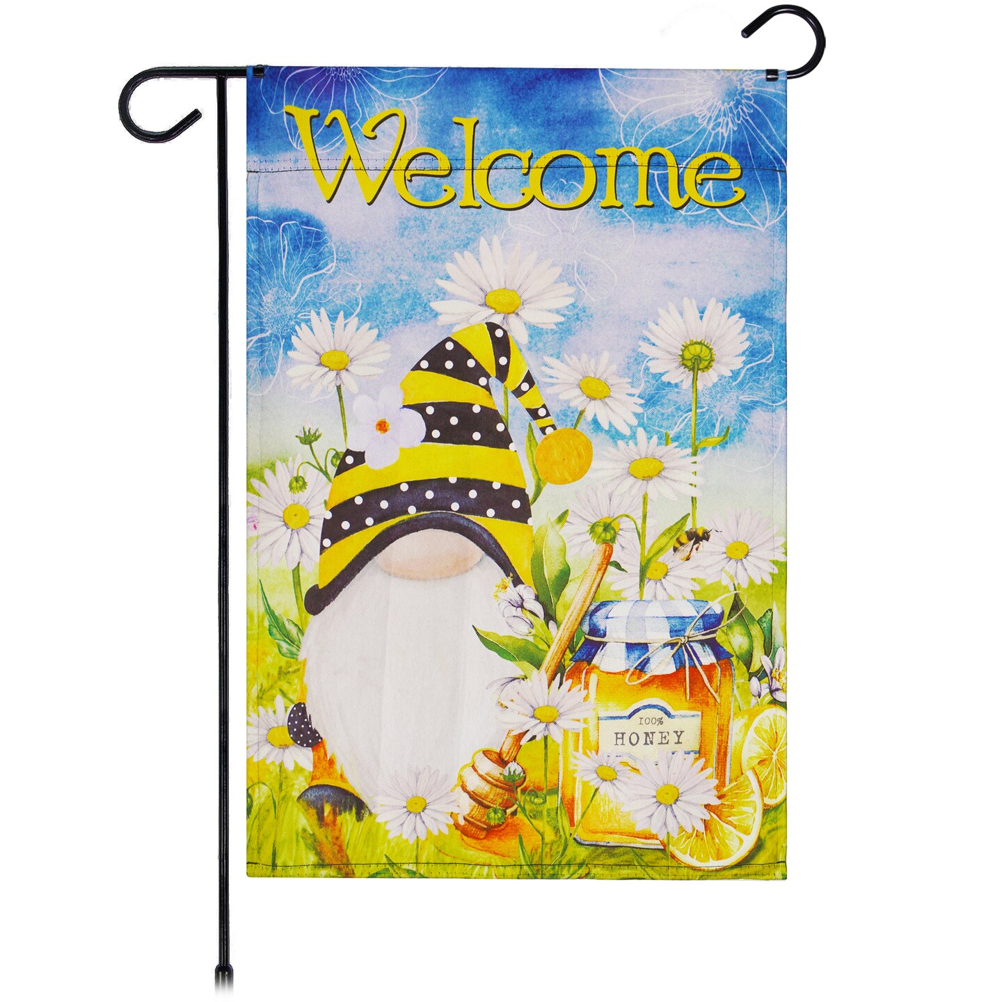 G128 Garden Flag Welcome Bee Gnome with Honey 12&#x22;x18&#x22; Blockout Fabric
