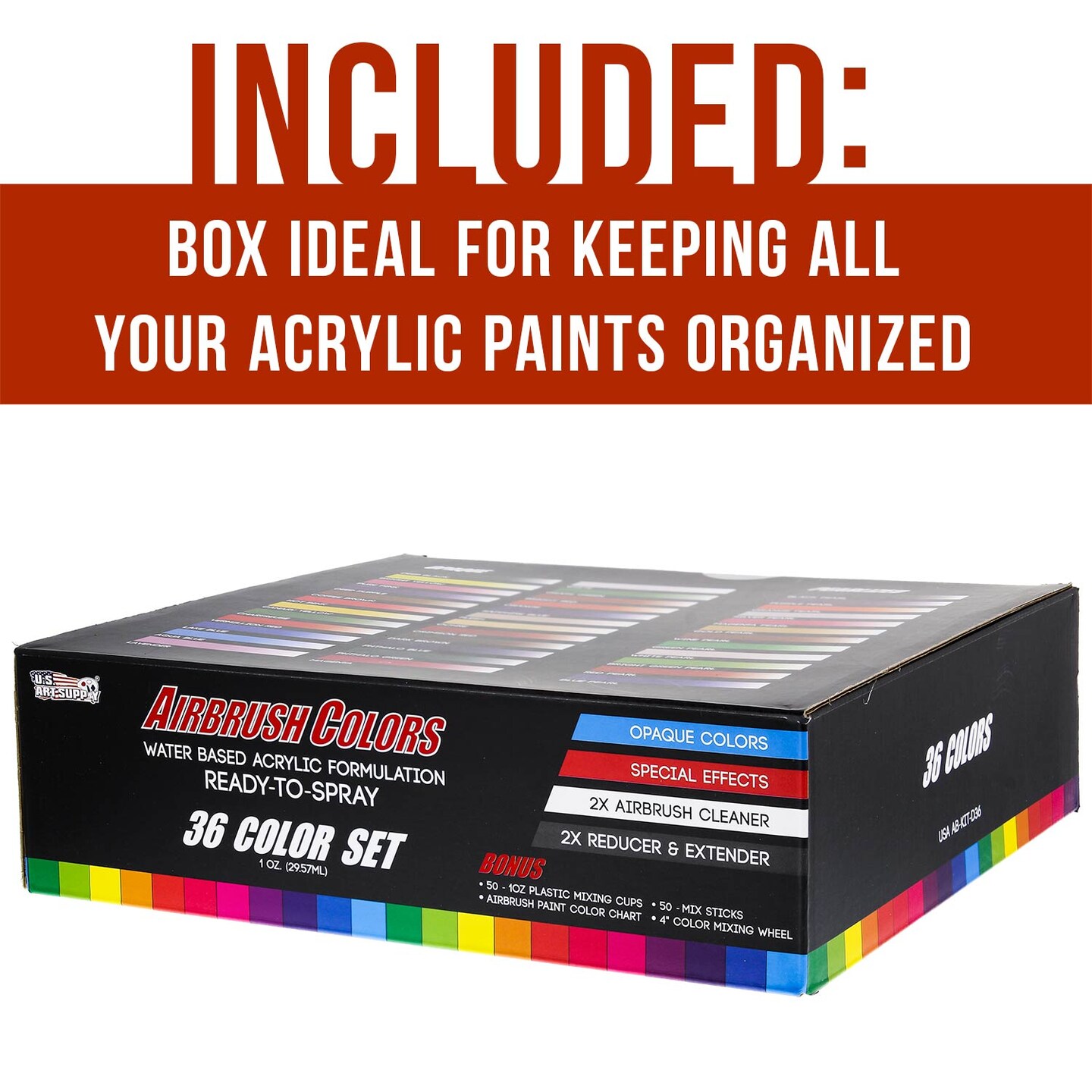 36 Color Acrylic Airbrush Paint Set; Opaque &#x26; Pearl Colors plus Reducer, Cleaner, Mixing Supplies &#x26; Color Mixing Wheel