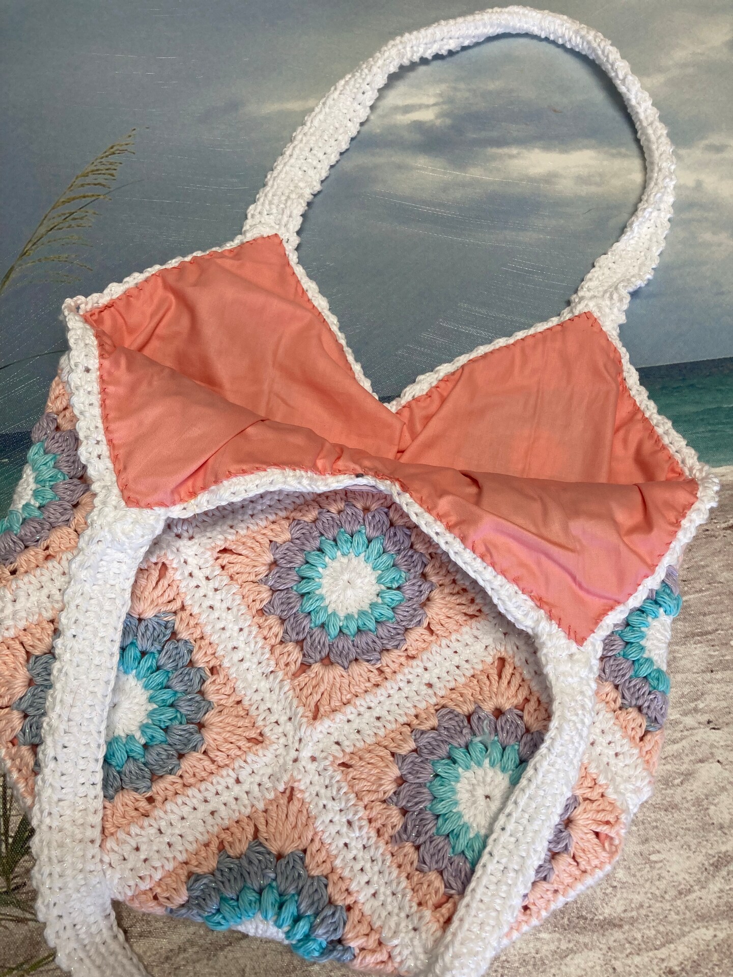 Handmade Granny Square Sunflower Hand or Shoulder Bag.Peachy