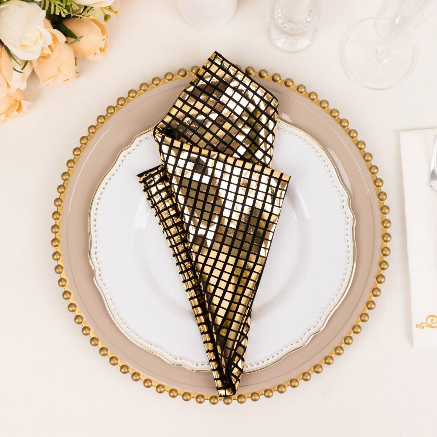 5 Black 20x20 in Polyester Dinner Table NAPKINS Gold Mirror Foil