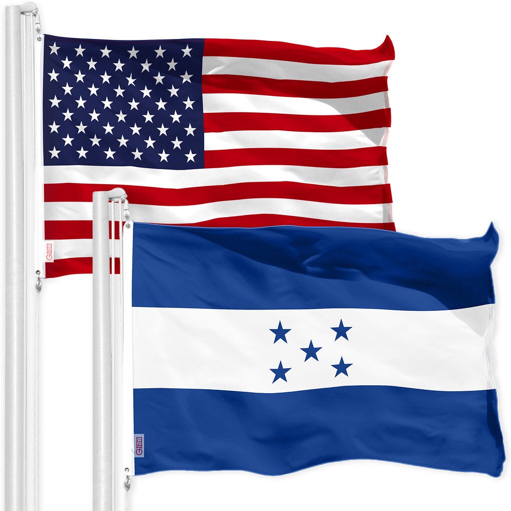 G128 Combo Pack: American USA Flag 3x5 Ft &#x26; Honduras Honduran Flag 3x5 Ft, Both Printed 150D Polyester, Indoor/Outdoor, Brass Grommets