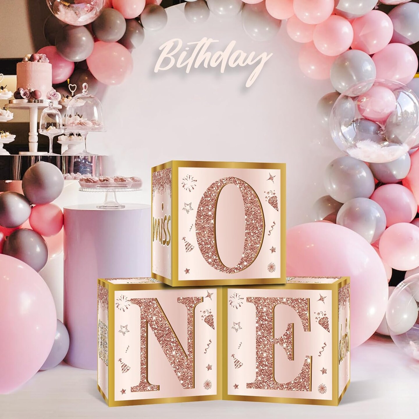 3Pcs 1st Birthday Boxes Party Supplies for Baby Girl, Pink Rose Gold Miss Onederful 1st Birthday Balloons Boxes Decoration, Pink One Year Old Birthday Theme Cardboard Box Decor