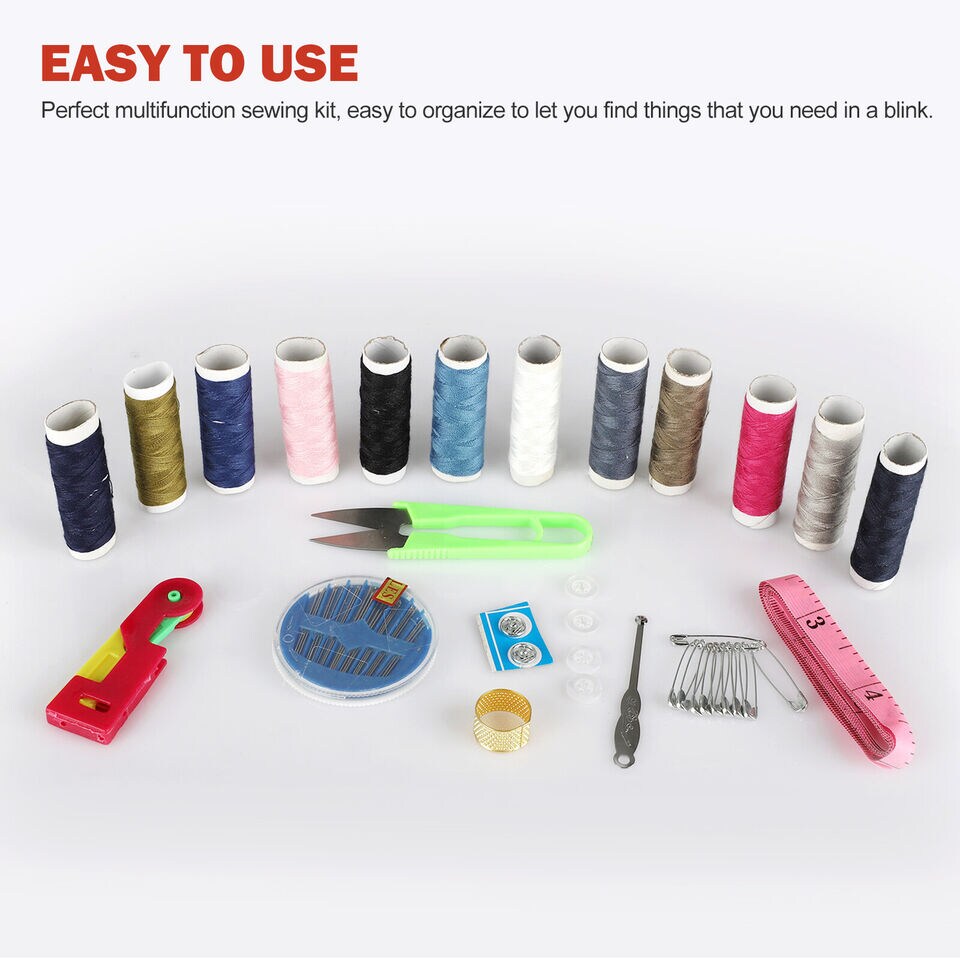 Travel Sewing Kit with Thread, Needles, Scissors, and Storage Box