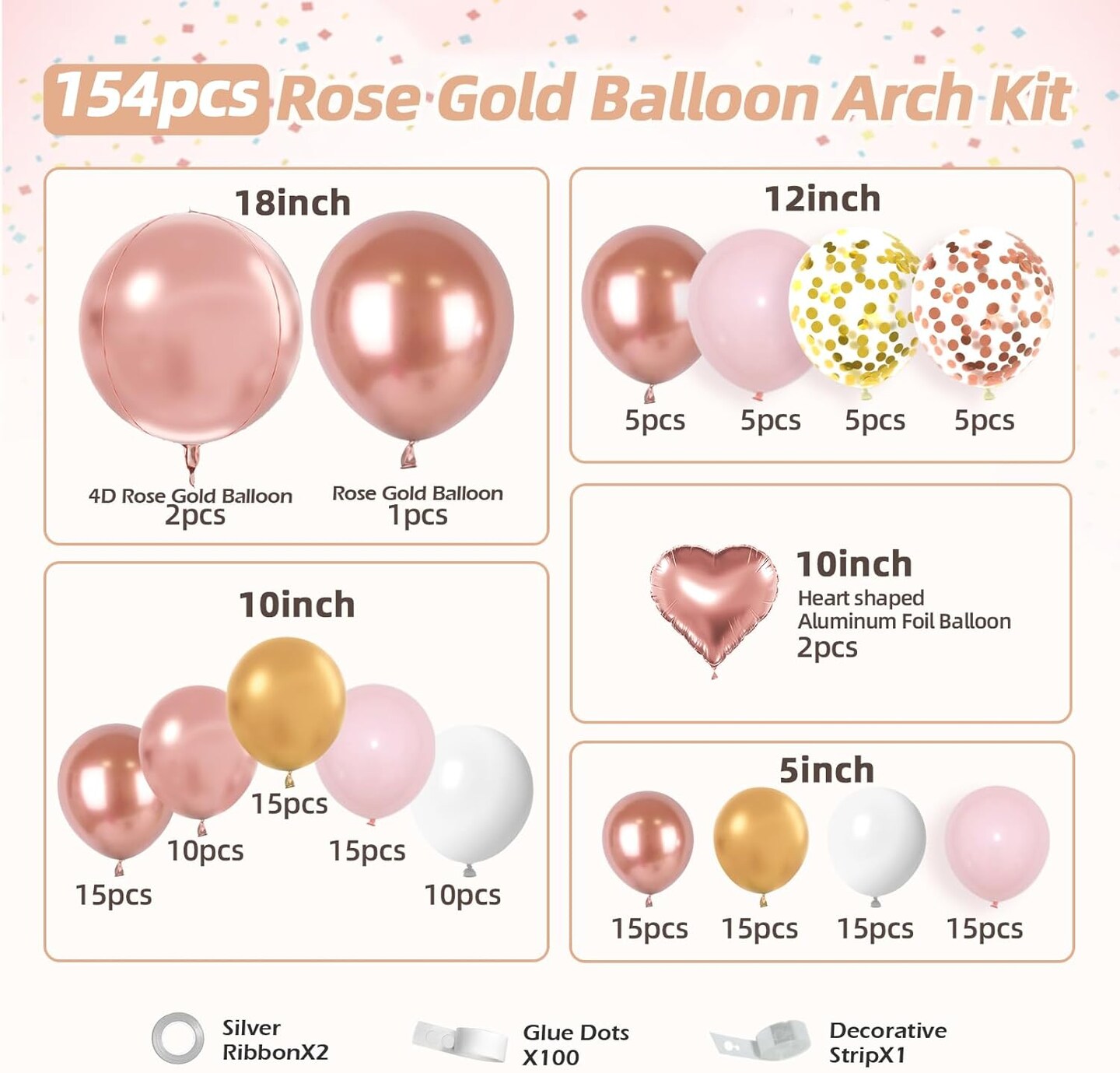 154pcs Rose Gold Balloon Arch Garland Kit, Metallic Rose Gold and Pink Gold White Balloons for Birthday Baby Shower Bachelorette Wedding Bridal Shower Decorations for Women or Girls