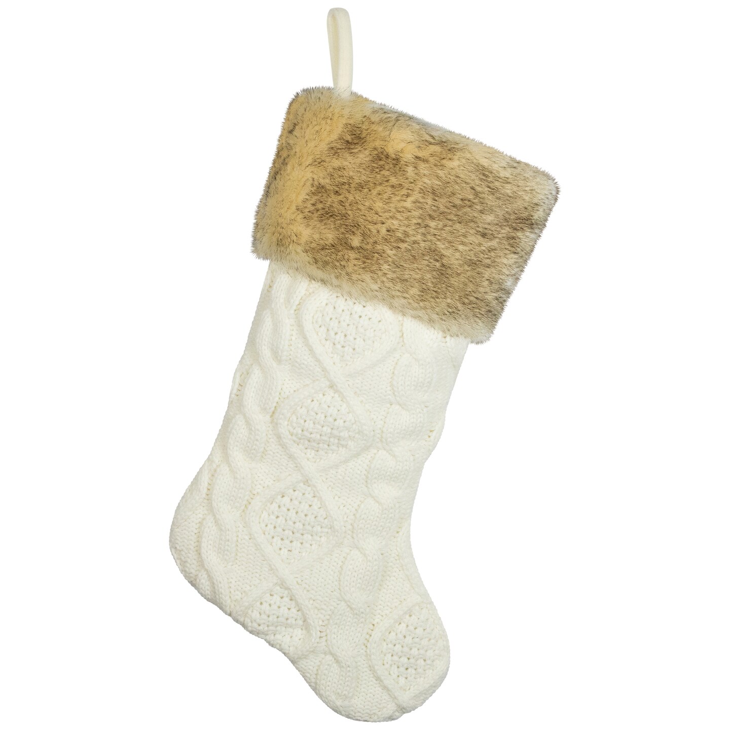 Northlight Cable Knit Christmas Stocking with Faux Fur Cuff - 20.5&#x22; - Cream and Beige