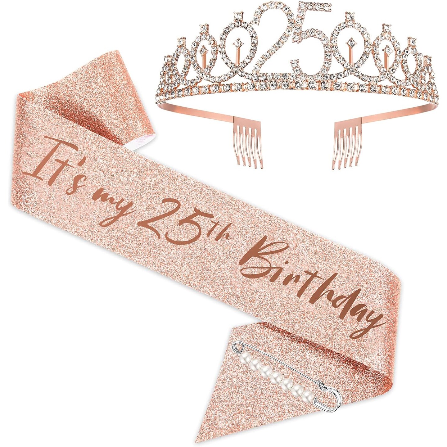 25th Birthday Sash and Tiara for Women, Rose Gold Birthday Sash Crown 25 &#x26; Fabulous Sash and Tiara for Women, 25th Birthday Gifts for Happy 25th Birthday Party Favor Supplies