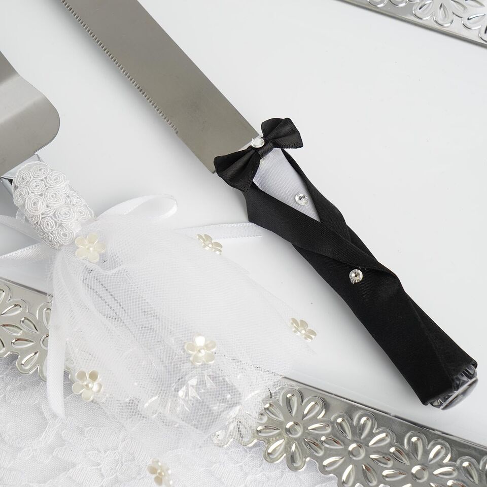 Silver Cake Knife and Server Set Groom Bride Handles Wedding Tableware