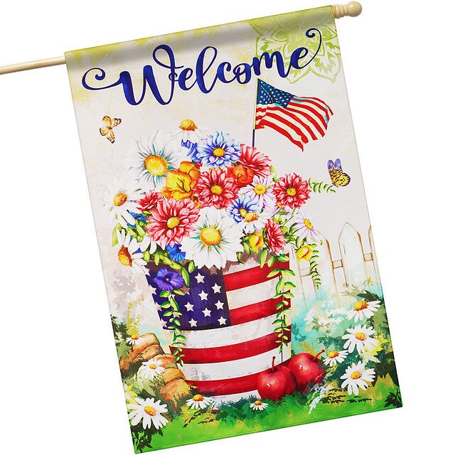 G128 House Flag Welcome USA Patriotic Flower Pot | 28x40 Inch | Printed Blockout Polyester - Patriotic Decoration