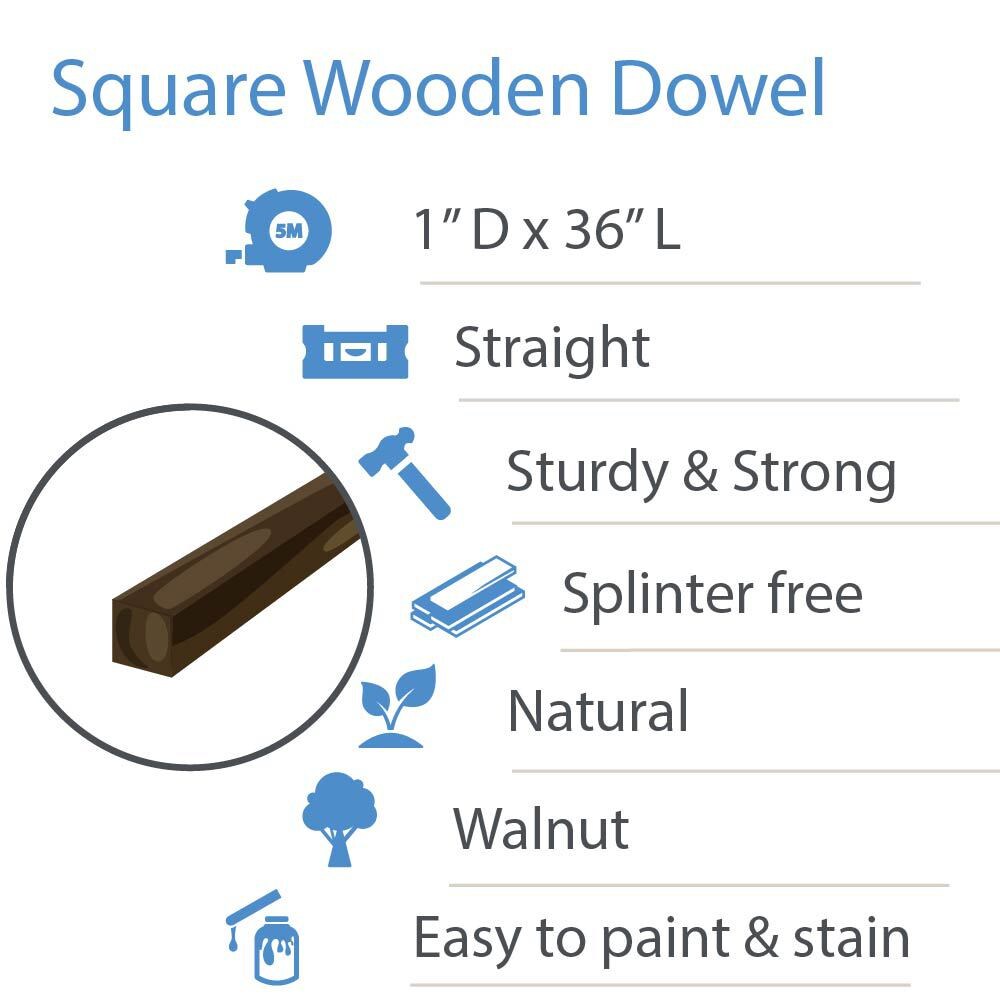 Walnut Wood Square Dowel Rods 1&#x22; Thick, for Crafts/Woodworking|Woodpeckers