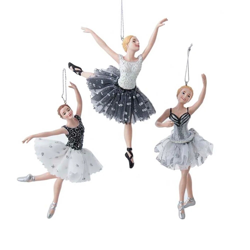 KSA Pack of 12 White and Black Ballerina Christmas Ornaments 5.75"