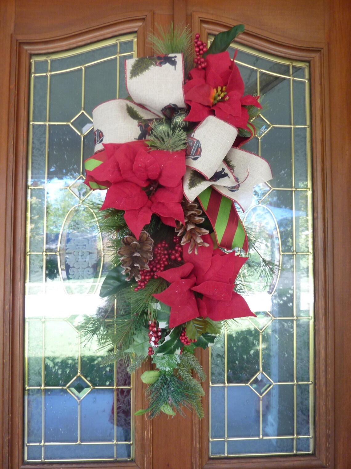 Farmhouse Christmas Door Swag, Christmas Wreaths with D. Stevens ribbon ...