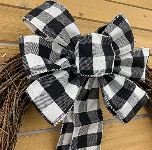 GiftWrap Etc. Buffalo Plaid Christmas Wreath Bow - 10&#x22; Wide, 18&#x22; Long Pre-Tied Bow, Black and White Checkers, Fall Decor, Door Decoration, Swag, Wreath, Garland, Boxing Day, Winter, Thanksgiving