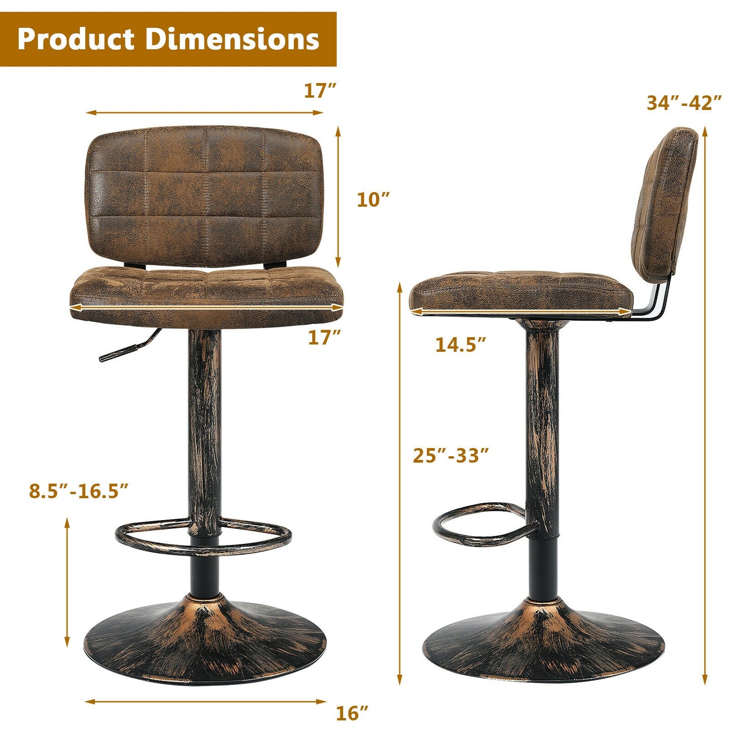 Set of 2 Adjustable Bar Stools Swivel Bar Chairs with Backrest