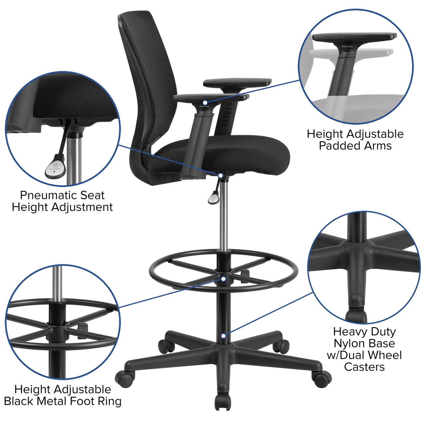 Emma and Oliver Ergonomic Mid-Back Mesh Drafting Chair with Fabric Seat, Adjustable Foot Ring and Arms