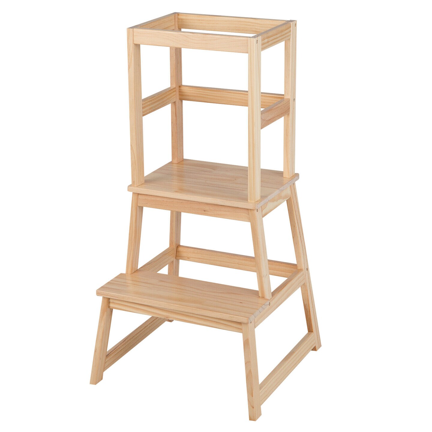 2-in-1 Multifunctional Wooden Kids Step Stool with Safety Guardrail and Wide Platform