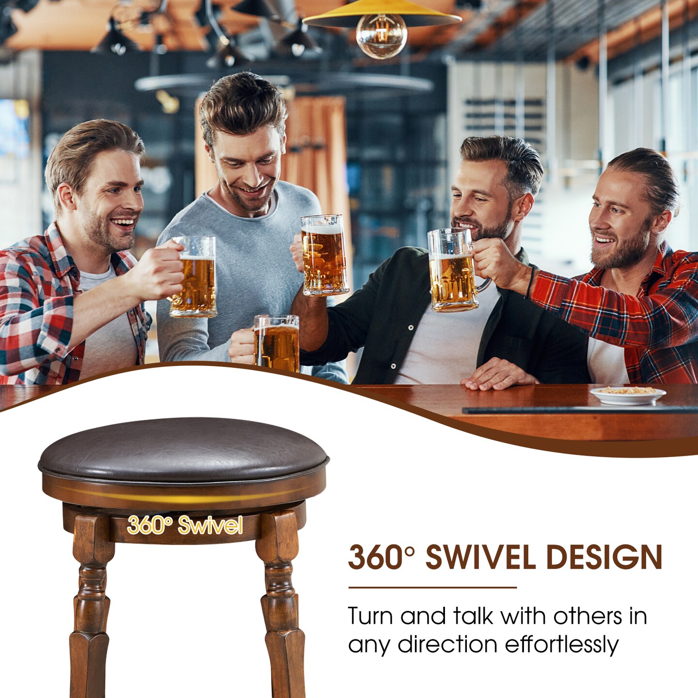 Set of 2 Swivel Leather Padded Bar Dining Stool with Footrest