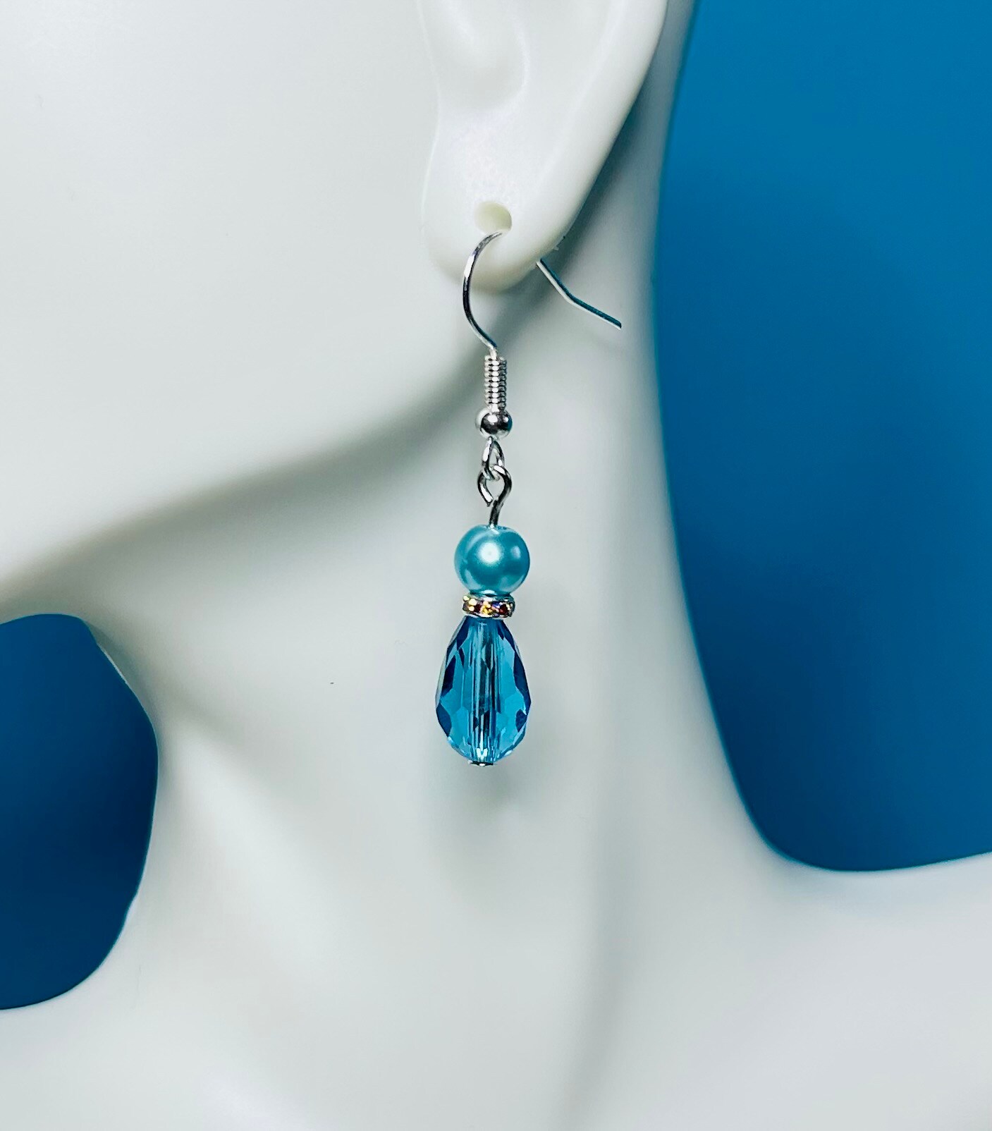 Small Earrings with 6mm Light Blue Pearl, Blue Teardrop Bead, and