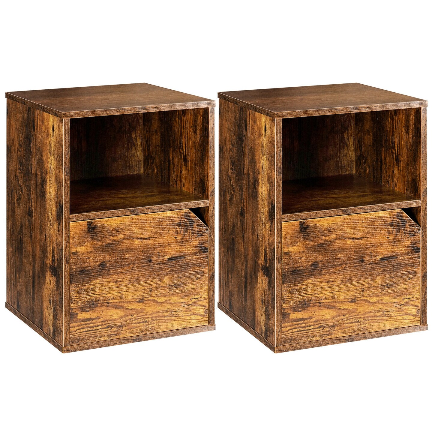Set of 2 Side End Table Nightstands with Triangular Cut-Out Cabinet Door and Large Open Shelf