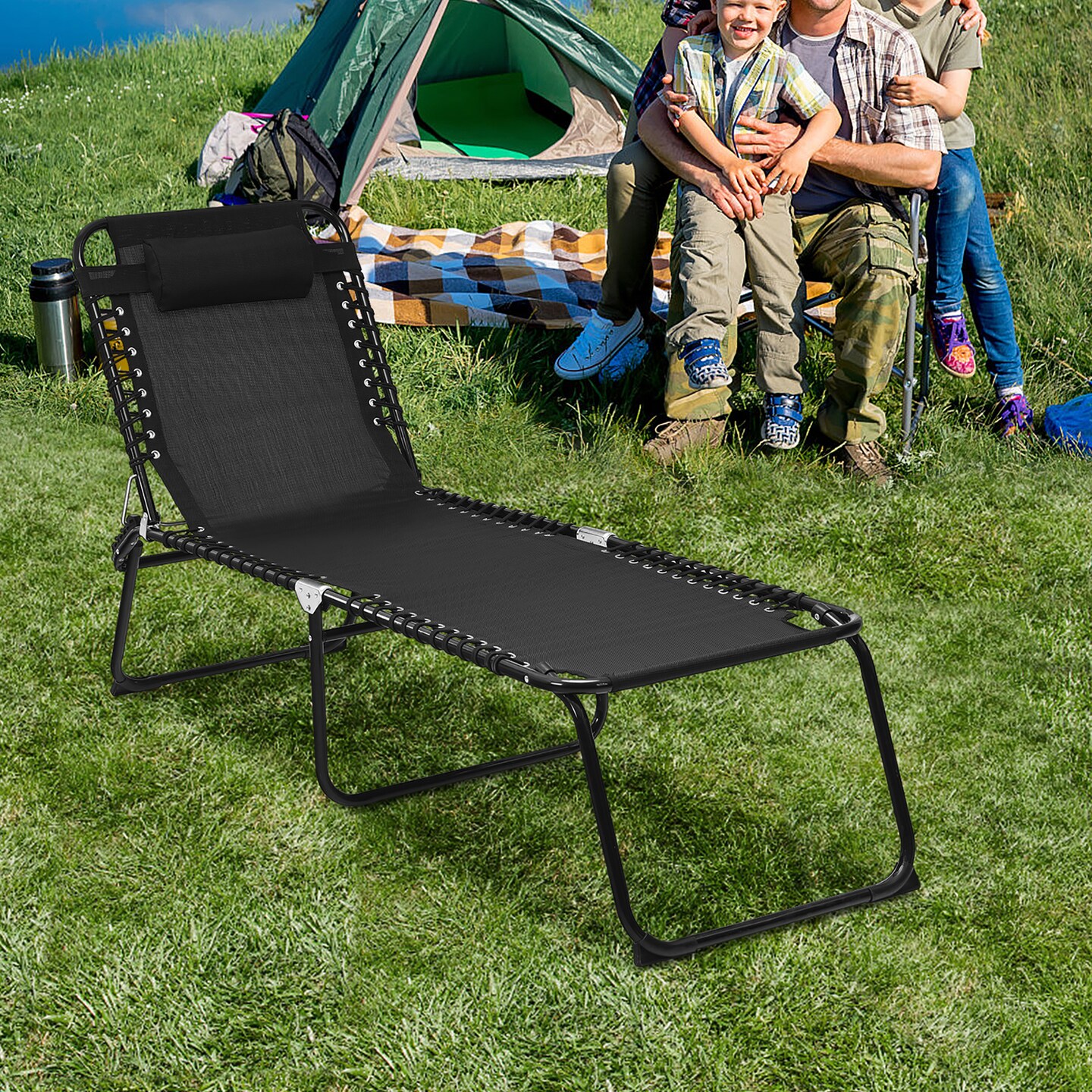 Costway Folding Beach Lounge Chair Heightening Design Patio Lounger w/ Pillow Black\Grey