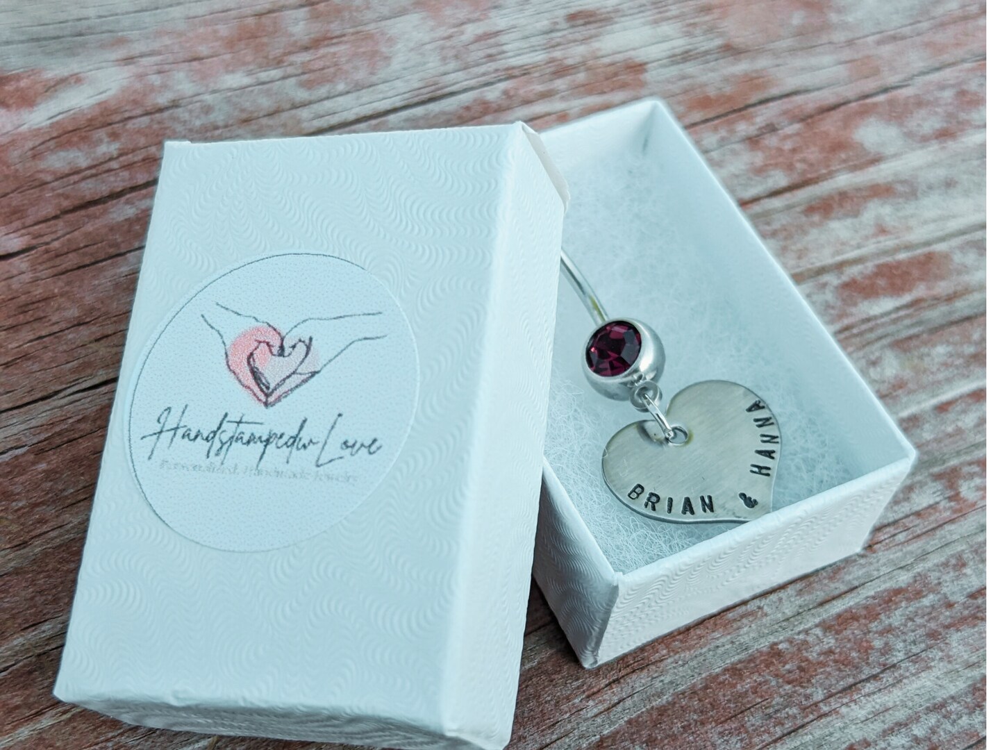 His Girl belly button ring Personalized with name and date Hand stamped Stainless Steel hearts product 3