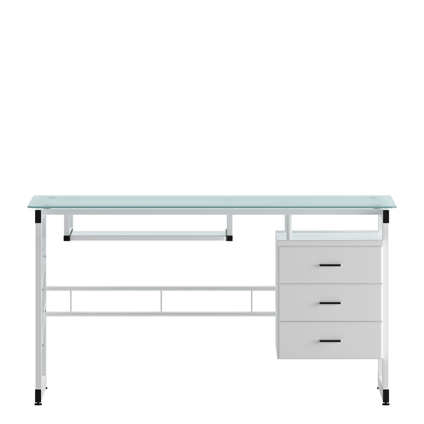 Emma and Oliver White Computer Desk with Frosted Glass Top and Three Drawer Pedestal