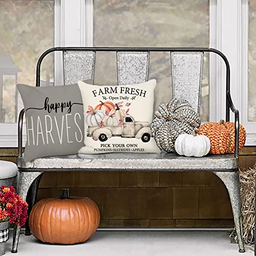 4TH Emotion Fall Decor Pillow Covers 18x18 Set of 4 Gray Pumpkin Farmhouse Decorations Happy Harvest Farm Truck Throw Cushion Case for Fall Thanksgiving Home Decorative Pillows S22F22