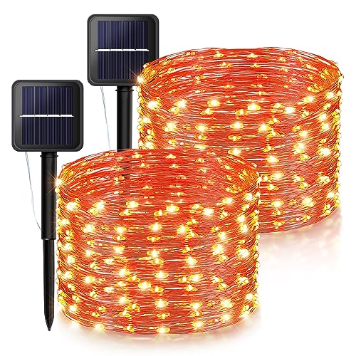 &#xFF37;oohaha Solar Halloween Lights Outdoor,2 Pack Each 33Ft 100LED Orange Halloween Lights,Copper Wire Solar Powered Fairy String Lights 8 Modes for Garden,Tree,Thanksgiving,Christmas,Parties,Home Decor