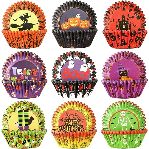Halloween Cupcake Liners, SANNIX 450pcs Ghost Pumpkin Spider Baking Cups Cupcake Wrappers Paper Wraps Muffin Liners for Halloween Party Candy Cake Decorations Supplies(9 Designs)