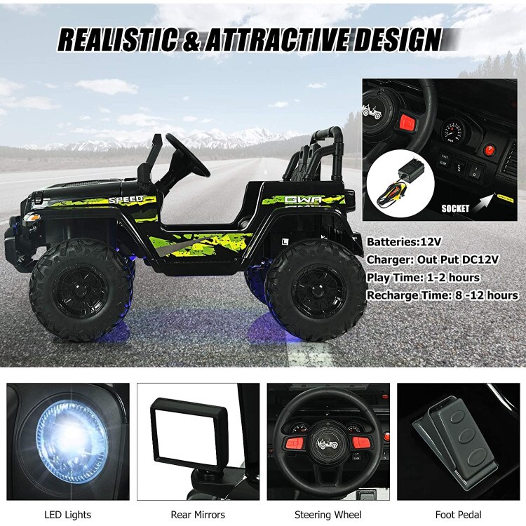 12V Kids Ride-on Jeep Car with 2.4 G Remote Control and LED Light Effects