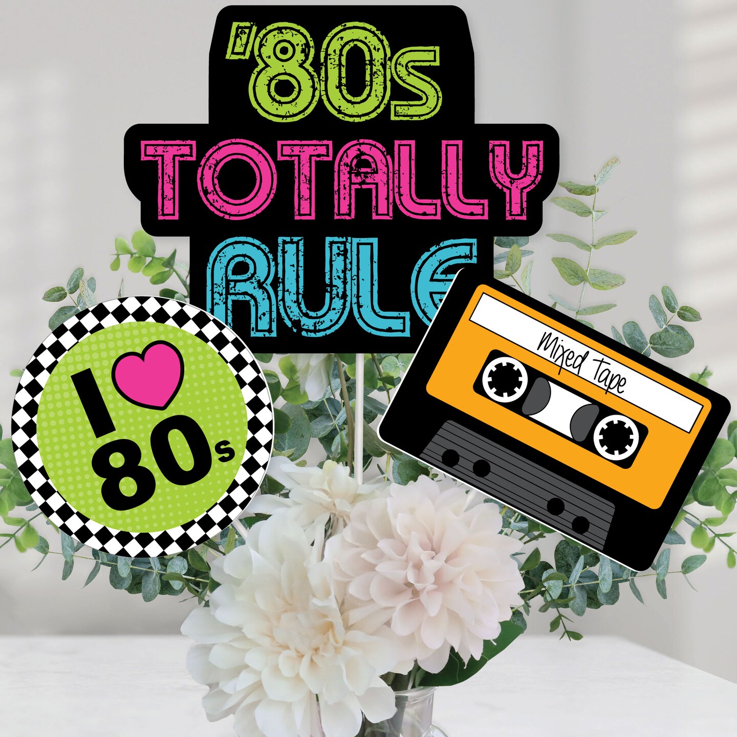 Big Dot of Happiness 80&#x27;s Retro - Totally 1980s Party Centerpiece Sticks - Table Toppers - Set of 15