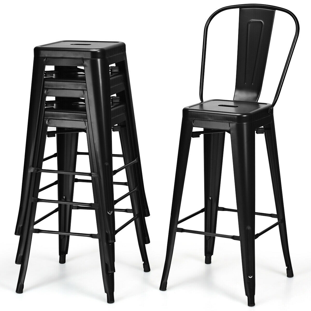 30 Inch Set of 4 High Back Stackable Metal Bar Stools with Removable Backrest and Footrest