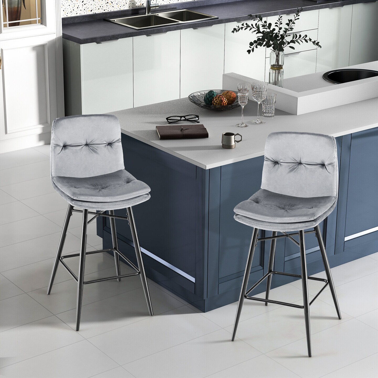 29 Inch Velvet Bar Stools Set with Tufted Back and Footrests- Set of 2