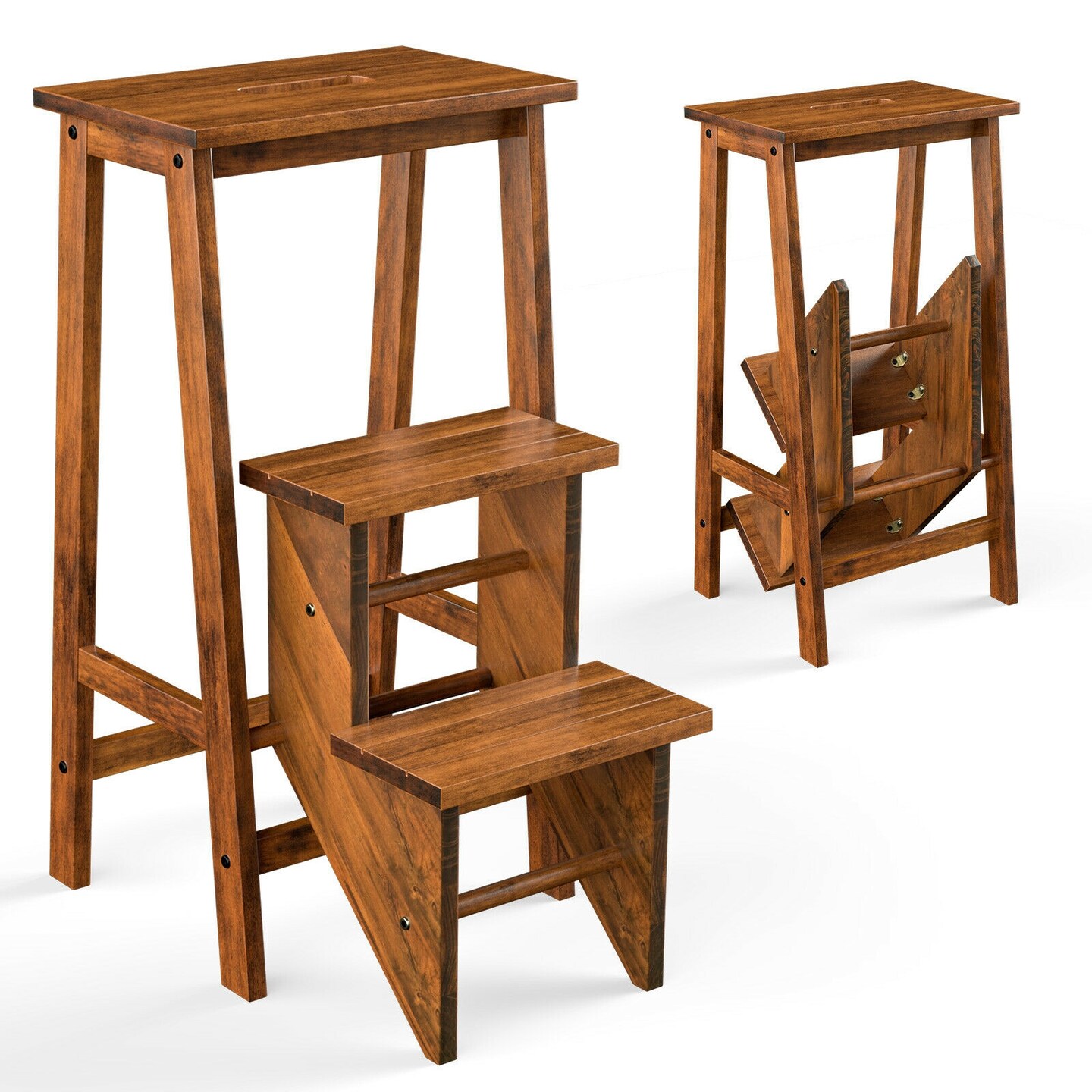 3-in-1 Rubber Wood 3 Tier Folding Step Stool Ladder Storage Shelf