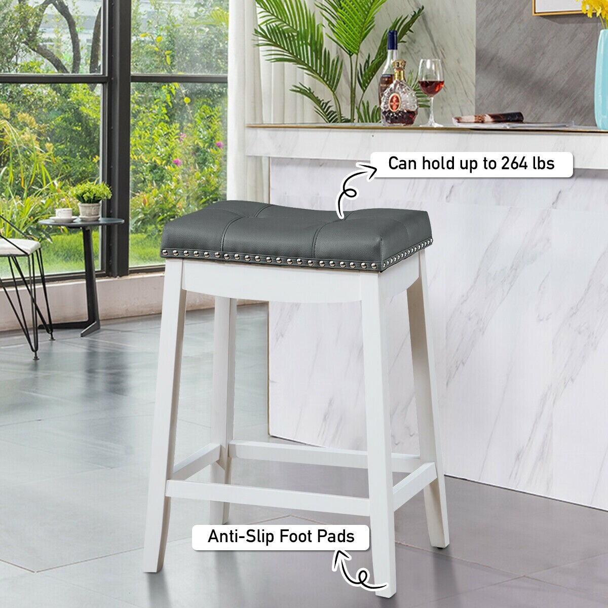 Set of 2 Backless Bar Stools with Nail head Padded Saddle Seat and Rubber Wood Legs