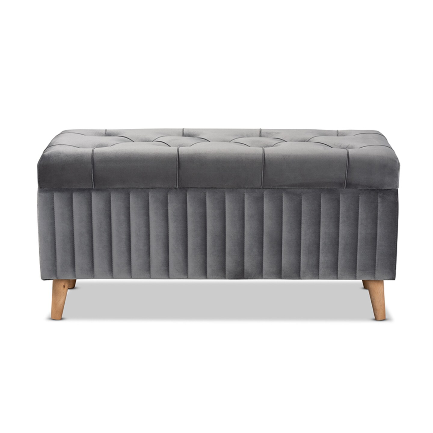 Baxton Studio Hanley Modern and Contemporary Grey Velvet Fabric Upholstered and Walnut Brown Finished Wood Storage Ottoman