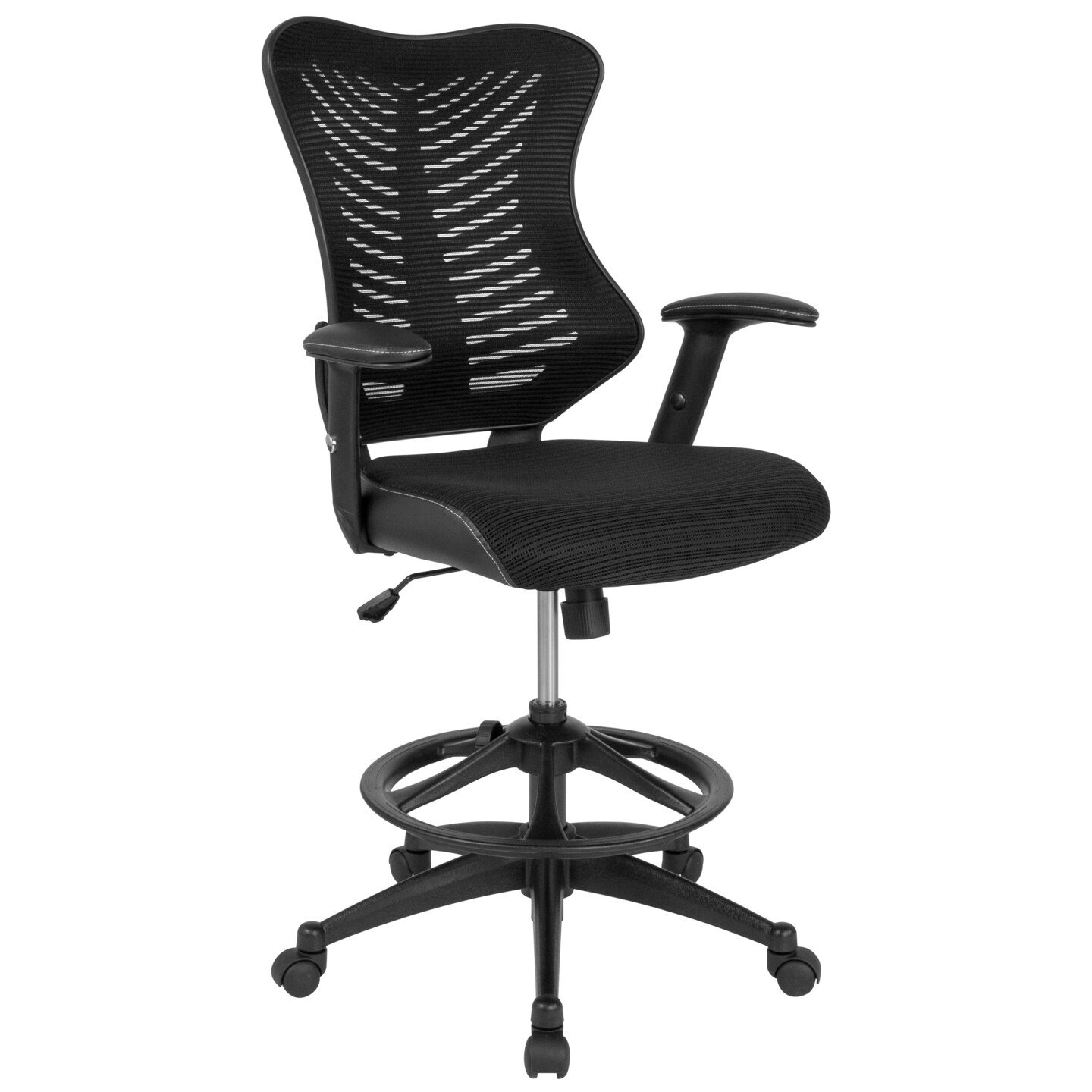 Emma and Oliver High Back Designer Mesh Drafting Chair with Leather Sides and Adjustable Arms